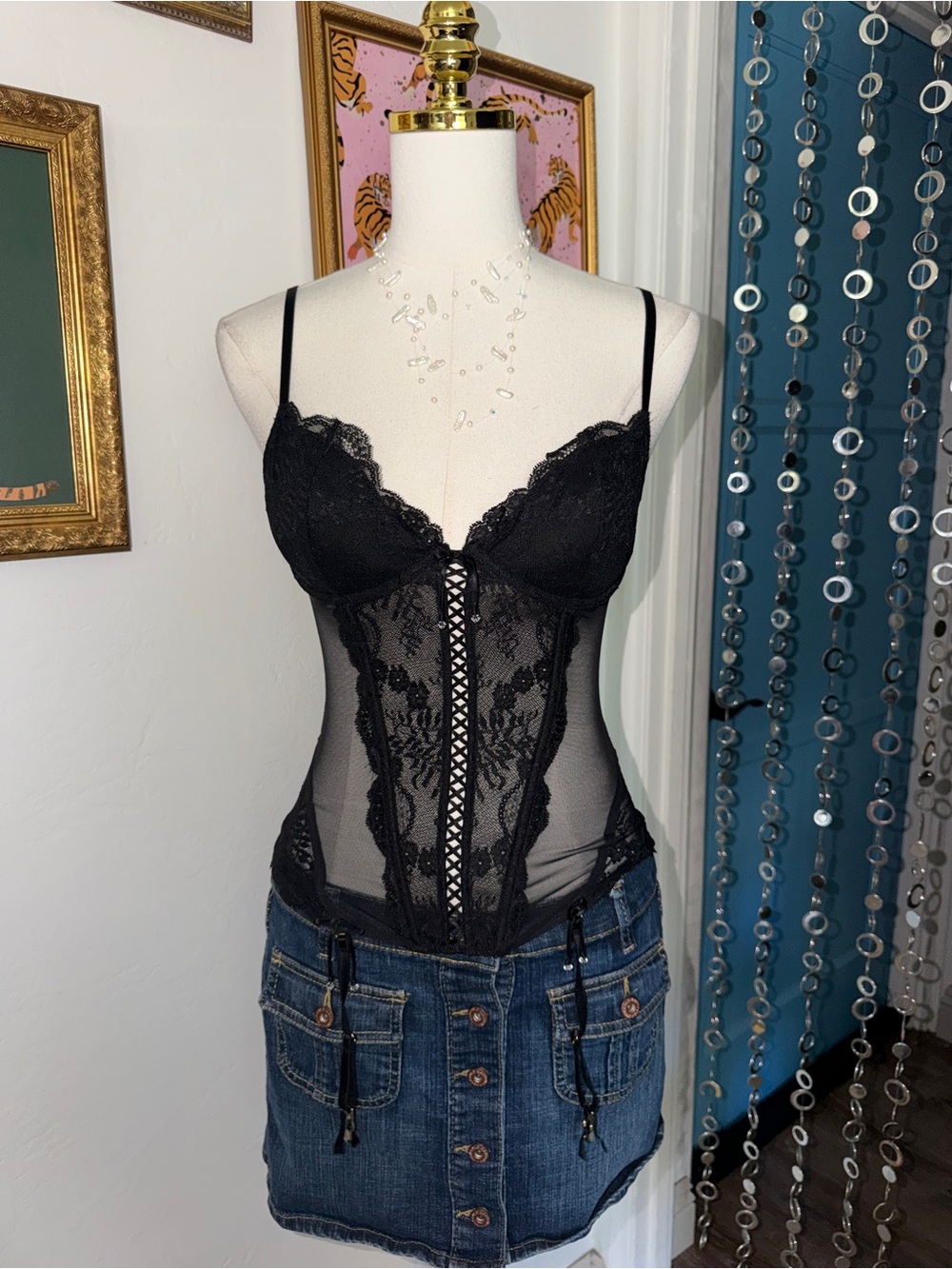 Vintage Y2K Black Lace Mesh Bustier with Garter Straps